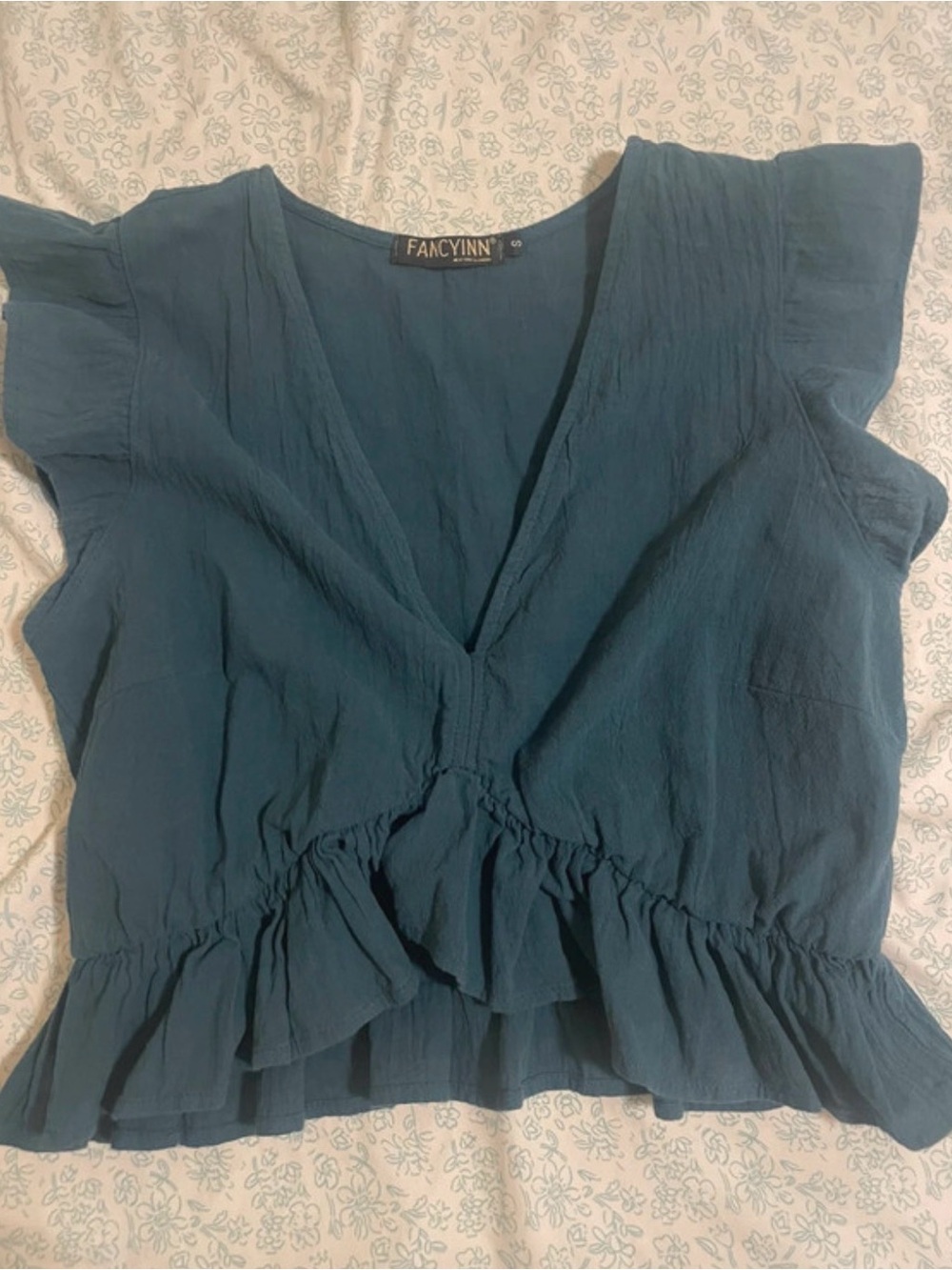FANCYINN Teal Ruffle V-Neck Blouse